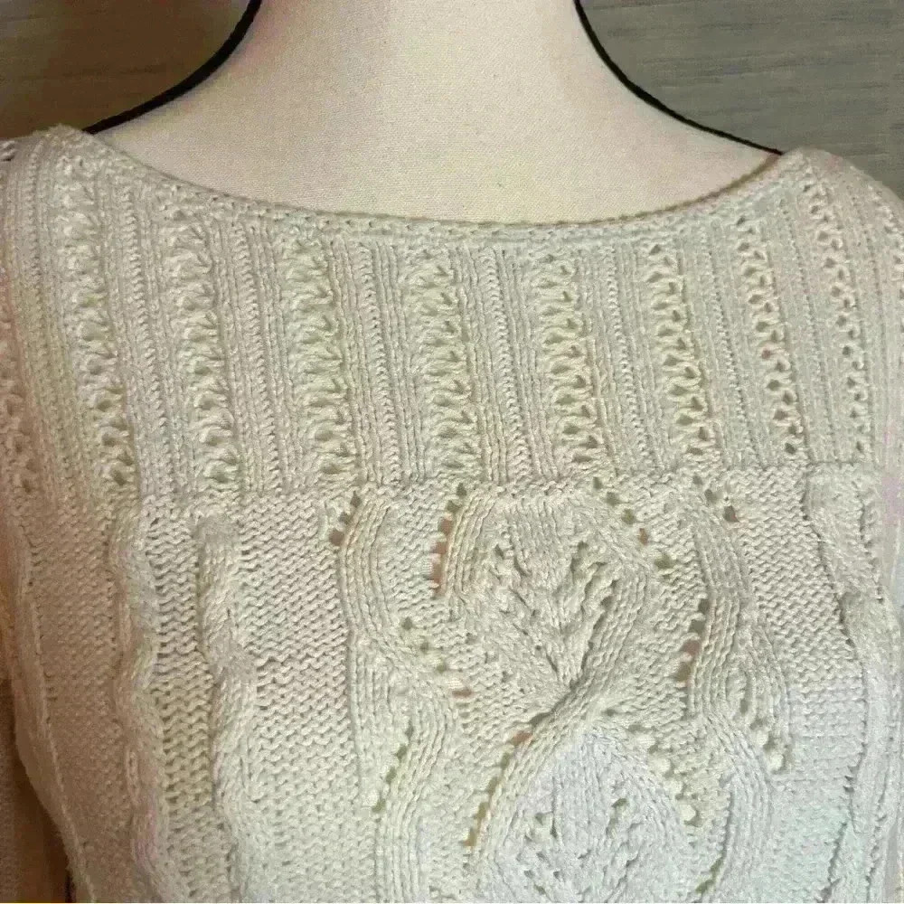 Ann Taylor Loft White Knit Sweater Ruffle Sleeve Cable Knit Women’s Size Medium - Picture 2 of 12